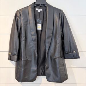 NWT Nine West Black Faux Leather Blazer Jacket Modern Minimal Chic Medium
